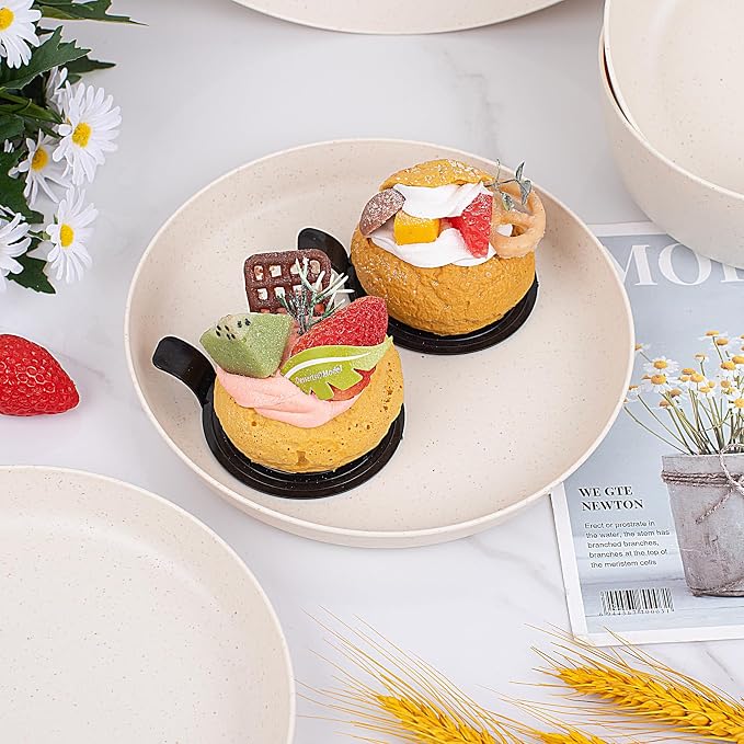 EjonirInjonir 12pcs Unbreakable Beige Wheat Straw Dinnerware Sets RV Dining | Includes Deep Reusable Plastic Plates Bowls Set,Premium Lightweight Dish Set Perfect for Camping Outdoor Parties Kids Home