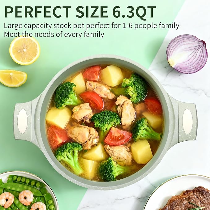 Nonstick Stock Pot with Lid 6.6QT, Large Soup Pot & Pasta Pot - Healthy Non-Toxic Granite Coating 100% PFOA/PFAS Free-Induction Compatible All Stoves - Cool-Touch Handles