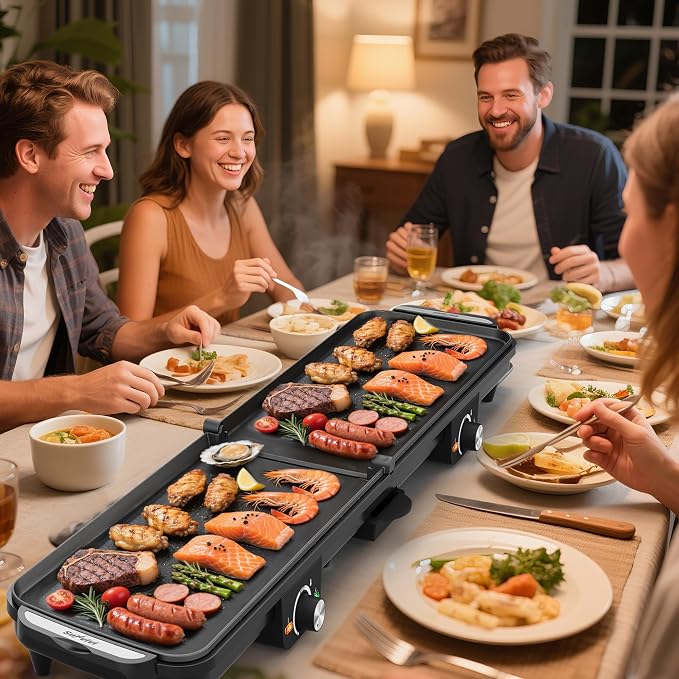 35''Electric Large Griddle - 1600W,Foldable Dual Zone,Nonstick | Long Skillet with Adjustable Temp,Pancake Egg Maker,Drip Tray,Indicator Light for Indoor/Outdoor/BBQ/Camping/Pancake