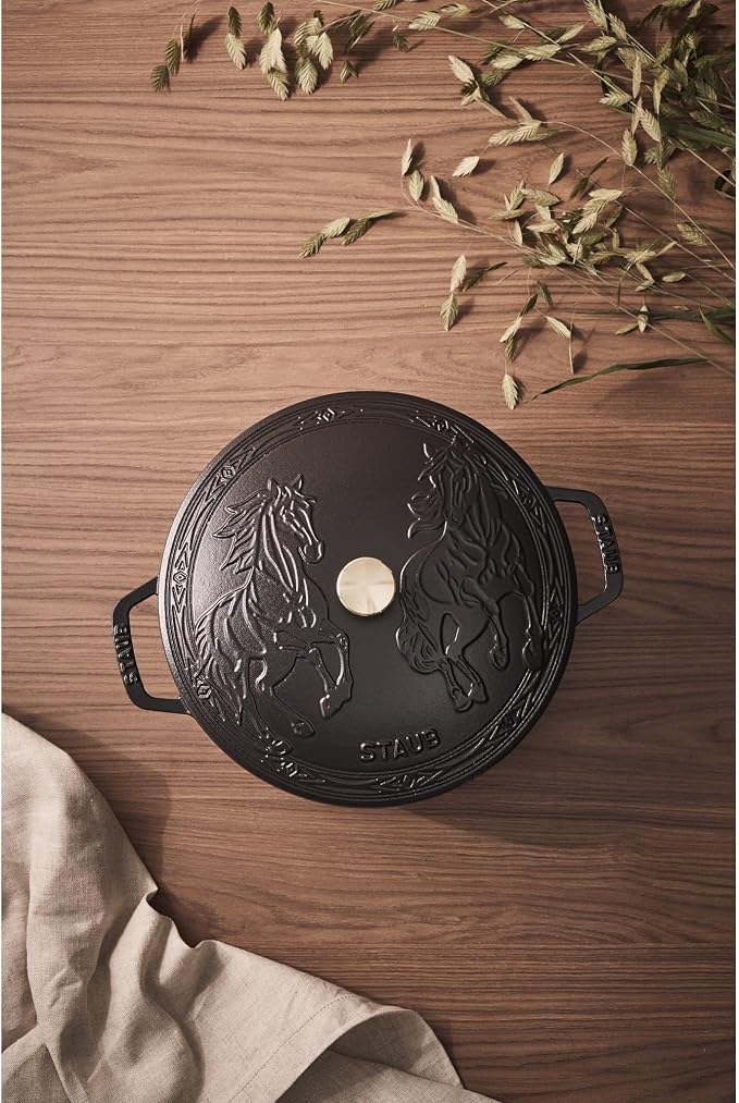 Staub Cast Iron Essential French Oven, Dutch Oven, 5-quart, serves 5-6, Made in France, with Horse Lid - Matte Black