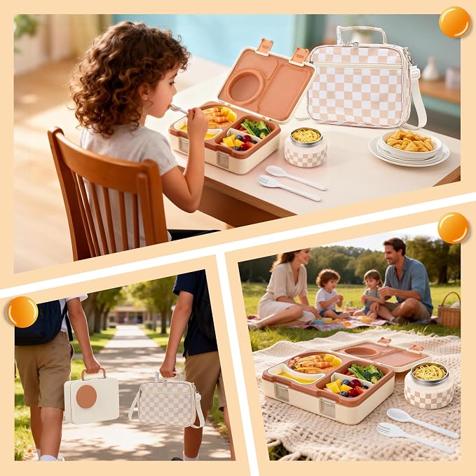 Bento Box for Kids, Leakproof Kids Lunch Box with 8.5OZ Thermo Food Jar & Lunch Bag, 3-4 Compartments Toddler Insulated Lunch Box for Girls, BPA Free Lunch Containers for School Daycare