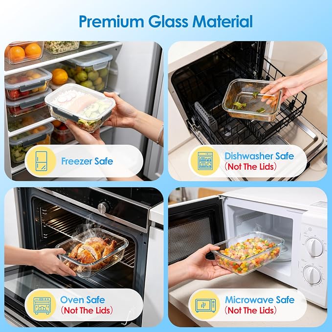 5 Pack 22 oz Glass Food Storage Containers with Lids, Grey | Glass Meal Prep Food Container Sets, Snap Airtight Lid, For Microwave, Oven, Freezer and Dishwasher, BPA Free