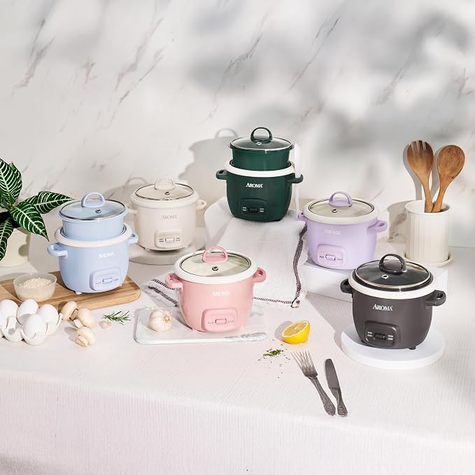 AROMA CoreCoat™ Mini Rice Cooker (3 Cups Cooked) with Nonstick Ceramic Pot Coating, Glass Lid, and Pop-Up Steamer Tray, 0.8 Quart