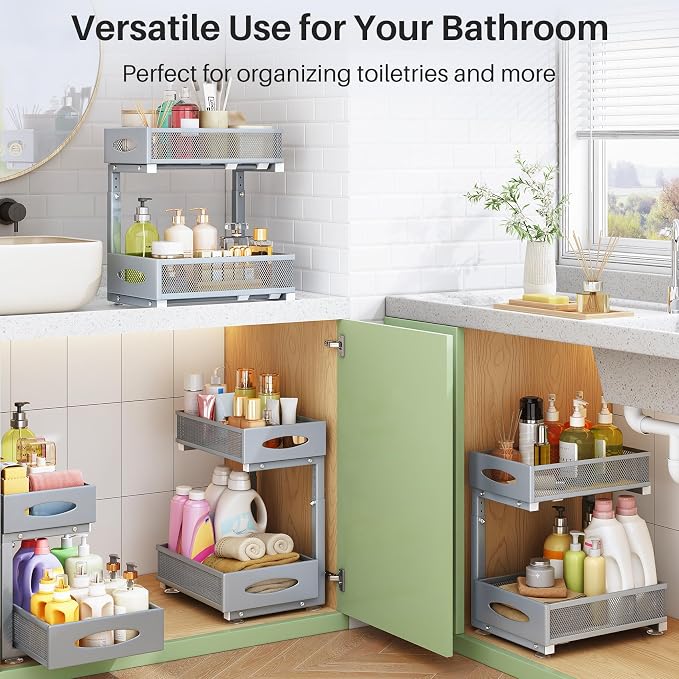 1 Pack Under Sink Organizer, 2 Tier Pull out Cabinet Organizer Mesh Baskets with 5 Adjustable Heights, Sliding Drawers Storage Shelf for Home, Kitchen, Bathroom, Pantry, Office, Countertop ,Grey