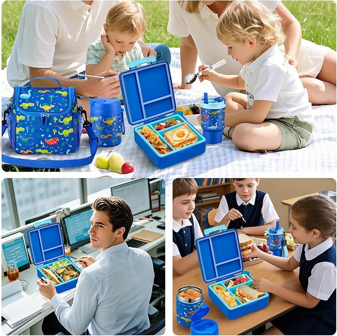 Bento Lunch Box for Kids with 17oz Soup Thermo,Insulated Tumbler Water Bottle and Insulated Lunch Bag,Leak-Proof 3 Compartment Lunch Food Container with Ice Pack for Kids to School-Dinosaur