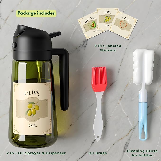 Glass Olive Oil Sprayer for Cooking 16oz/470ml ā Dark-Green 2-in-1 Glass Oil Sprayer & Dispenser with 9 Labeled Stickers, Kitchen Gadgets & Air Fryer Accessories, Olive Oil Dispenser ā Black