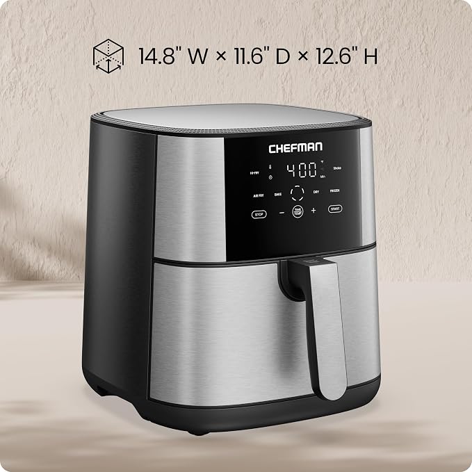 Chefman Air Fryer 8 Qt | TurboFry® 4-in-1 with 450°F Hi-Fry Option for Crispier Results | Bake, Dehydrate, Frozen | XL Nonstick Dishwasher-Safe Basket | Stainless Steel