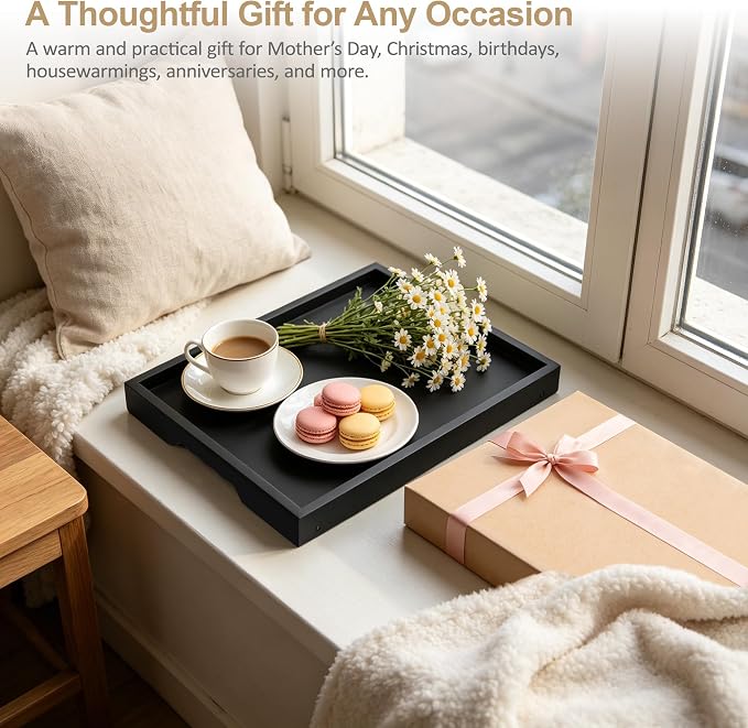 Bamboo Breakfast Trays with Folding Legs, Medium, 2-Pack, Black | Set of 2 bamboo bed trays with folding legs and wave handles for meals, laptops and serving in bed or on sofa.