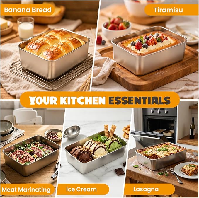 4 Pack Loaf Pans for Baking Bread,9×5In Stainless Steel Loaf Pans | Bread Loaf Tins for Homemade Bread Brownies, Meatloaf, Lasagna Cake, Sturdy, Oven, Dishwasher Safe, Silver