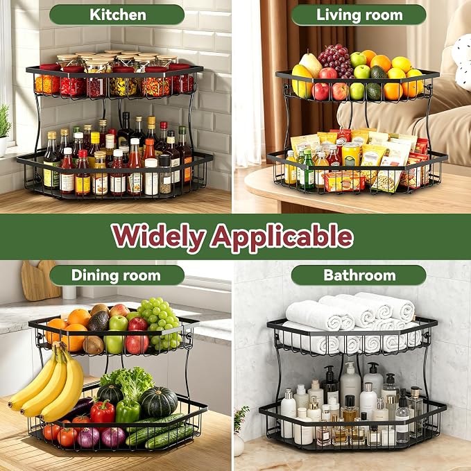 2 Tier Fruit Basket Extra Large with 2 Banana Hangers for Corner | Detachable Metal Fruit Bowl with Wooden Handle, Large Capacity Fruit Stand for Bread Fruit and Vegetable Storage, Black