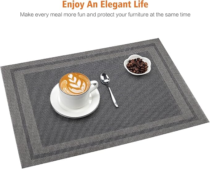 Black Vinyl Placemats Set of 4,Washable Dining PVC Table Mats | Heat resistant, stain resistant non slip vinyl place mats, washable black gold table placemats for dining table(Black gold)