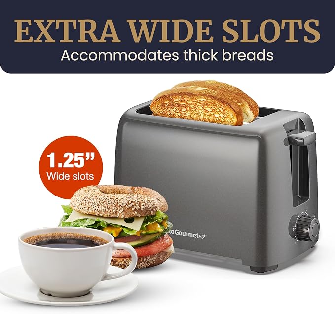 Elite Gourmet ECT1027G Cool-Touch 2-Slice Toaster, Gunmetal Gray | 6 Toast Settings & Cancel Function, Extra-Wide 1.25" Slots Fit Breads, English Muffins, Bagels & Waffles