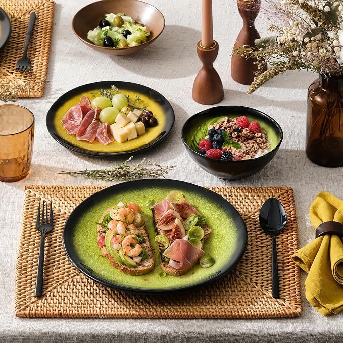 12-Piece Dinnerware Set for 4, Ice Crackle Glaze Plates & Bowls | Gradient Yellow to Black Ombre Dinner Dish Set, Microwave, Dishwasher & Oven Safe, Unique Holidays & Weddings Gift