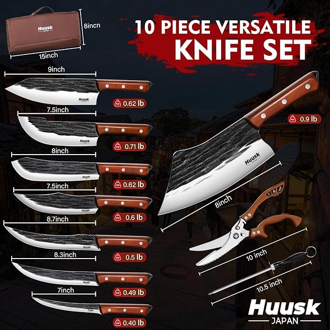Huusk Butcher Knife Set, 10-Piece Hand Forged Chef Knife Set with Bag | Sharp Meat Cleaver & Bbq Carving Knives & Boning Breaking Knives for Kitchen & Camping, Gifts for Men Women