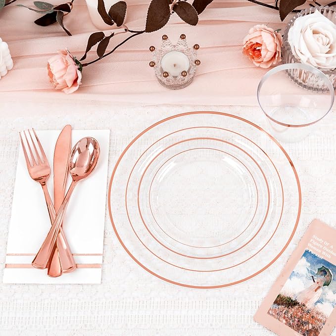 GATHER 700PCS Clear Rose Gold Plastic Plates 100 Guest for Wedding Party | Clear Rose Gold Disposable Dinnerware Set includes 200 Plates, 300 Silverware, 100 Napkins, 100 Cups for Baby Shower Birthday