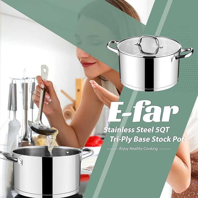 E-far Stainless Steel Stockpot, 5 Quart Pot with Glass Lid for Soup Pasta, Induction Nontoxic Cooking Pot for All Stoves, Thick Tri-Ply Bottom & Double Riveted Handle, Oven & Dishwasher Safe