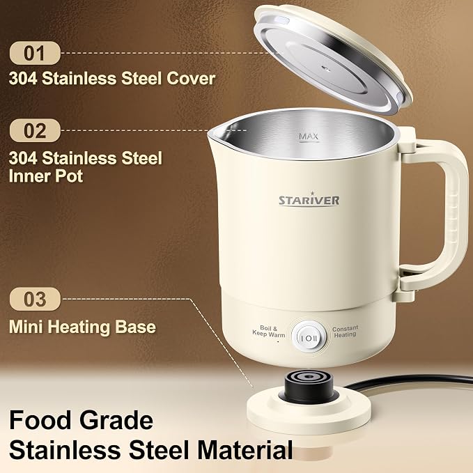 Stariver 0.6L Portable Electric Kettle, Stainless Steel Travel Kettle | Foldable Handle, Collapsible Design, Dual Power Modes, Compact for RV, Camping, Overheat & Boil-Dry Protection, Lightweight