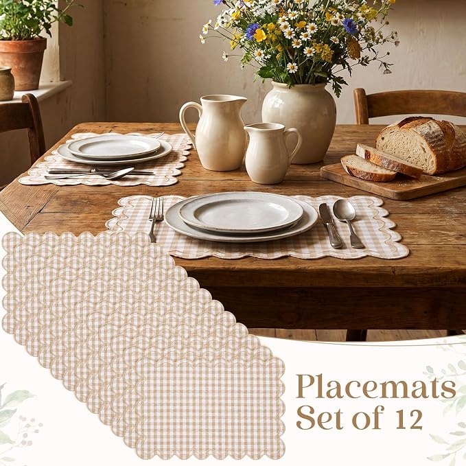 Linen Placemats Set of 12 Scalloped Placemat 13 X19 Wavy Embroidery Double Layered Washable Farmhouse Dinner Fabric Table Mat Napkin for Wedding Party Restaurant(Plaid,Khaki)