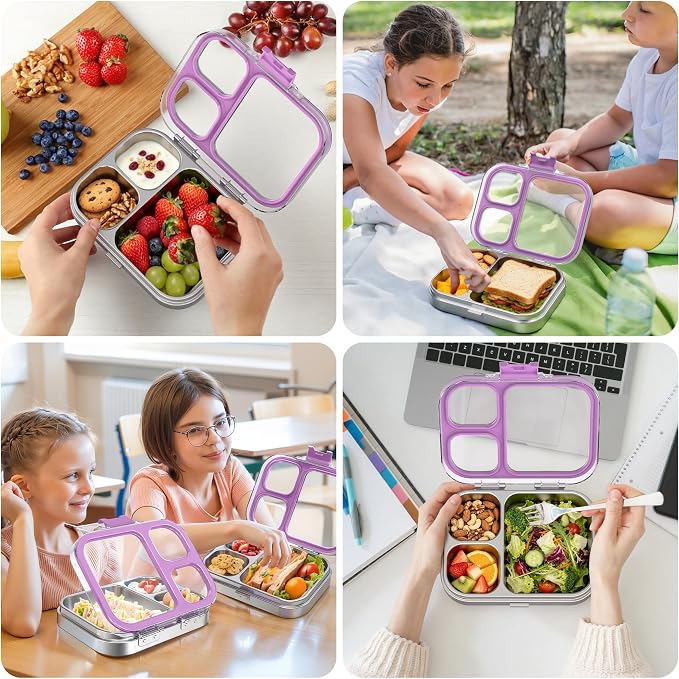 LOHASOK Stainless Steel Bento Lunch Box, 800ml,Purple | 3-Compartment, Leak Proof, Lightweight, Clear Plastic Lid, for Kids Adults, BPA/BPS Free, Dishwasher Safe