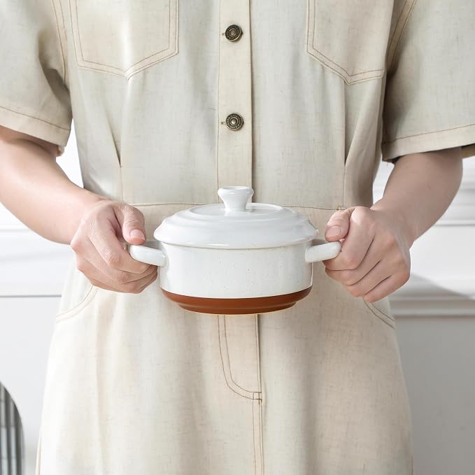 MALACASA 12 OZ Mini Dutch Oven Set, Small Cocotte Set of 4, Ceramic | Ramekins with Handles, Single Serving, Small Casserole Dishes for Oven, Soufflé, French Onion Soup, Oven Safe, Khaki White
