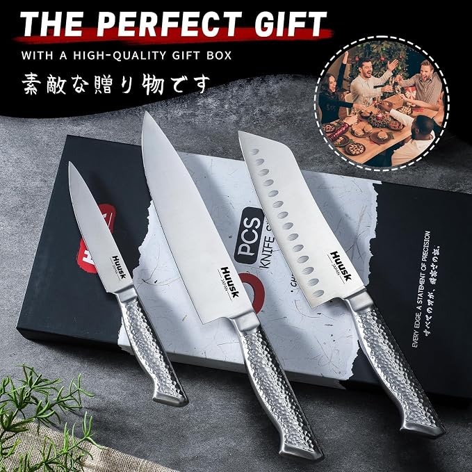 Huusk Chef Knife Set of 3, Japanese Stainless Knife Set Dishwasher Safe | Ultra Sharp Kitchen Knives Sets with Ergonomic Anti-slip Handle, Professional Cooking Knives Sets, Homewarming Gifts