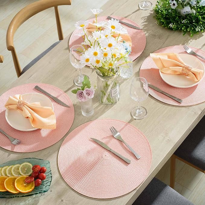 AHHFSMEI Round Placemats Set of 6 Heat Resistant Washable Non-Slip Woven Braided Table Mats for Dining Table Kitchen & Home Decor (Pink)