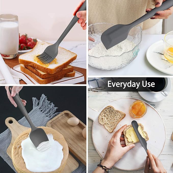 LIANYU 15-Piece Cooking Kitchen Utensils Set with Holder | Silicone Kitchen Tools Stainless Steel Handle, Slotted Spatula Spoon Turner Tong Whisk Brush for Cooking, Gray