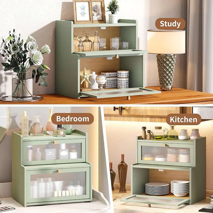 Bread Box for Kitchen Countertop Double Layer Large Corner Bread Box Capacity Bread Storage Bin Farmhouse Breadbox Container Organizer Cabinet Cupboard (Green)