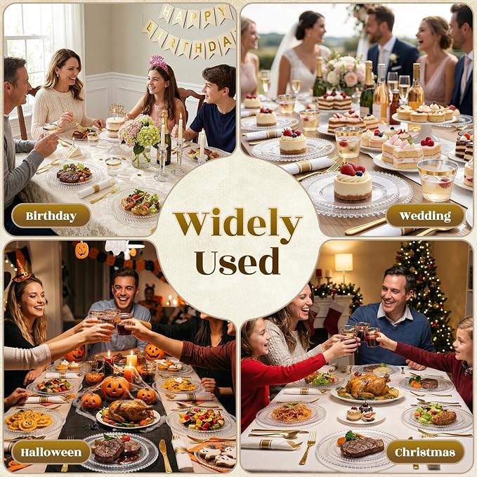 350pcs Plastic Dinnerware Set Clear 50 Guests for Wedding | Fancy Beaded Plastic Plates Include 100 Elegant Plastic Plates,50 Cups and 50 Pre Rolled Napkins with Cutlery Set