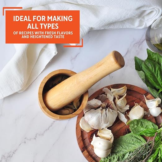 IMUSA USA Bamboo Mortar and Pestle, Small, Natural | Polished Finish, Naturally Crafted and Sturdy Design, Ideal for Crushing Fresh Spices and Herbs, Makes a Great Gift