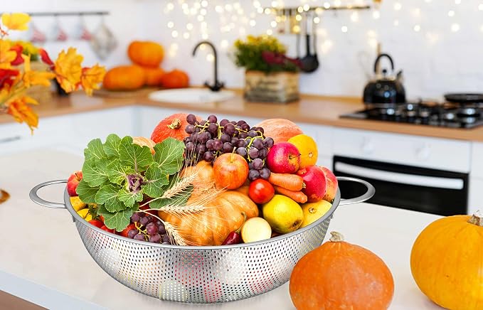 TeamFar Colander, 5qt Stainless Steel Micro-Perforated Colander Strainer | Metal Food Strainer for Draining/Washing/Rinsing Pasta Vegetables Fruits, Healthy, Sturdy & Dishwasher Safe