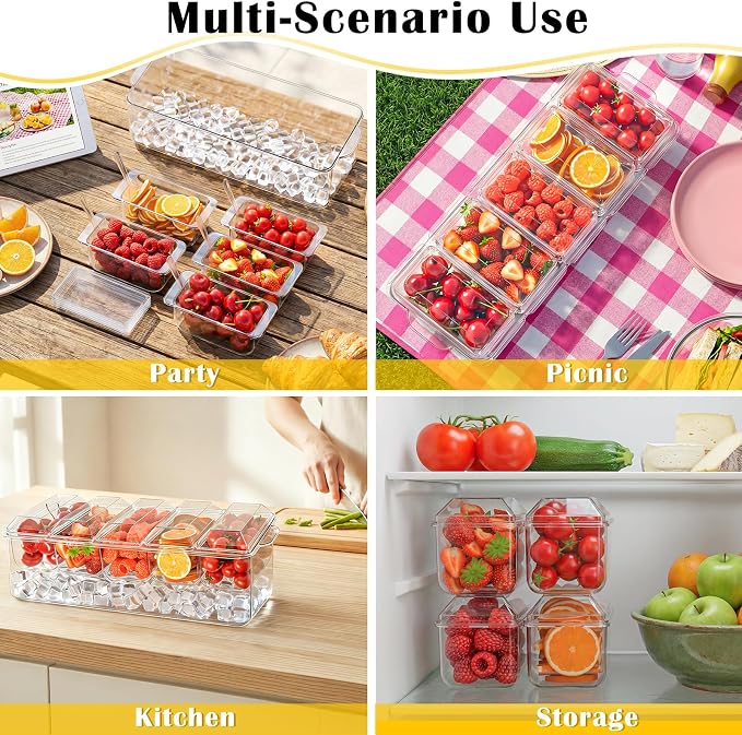 ARSTPEOE Condiment Tray, Chilled Condiment Server, Bar Accessories on Ice | Condiment Caddy for Home, Party and Celebration, Bar Accessories with Removable Trays and Lids (5 Spoons & 2 Tongs)