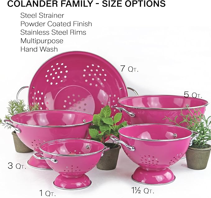 Reston Lloyd, 3 Quart Powder Coated Steel Kitchen Strainer Basket for draining Pasta, Vegetable and Fruit, Chrome Handles and Wide Stable Base, Magenta