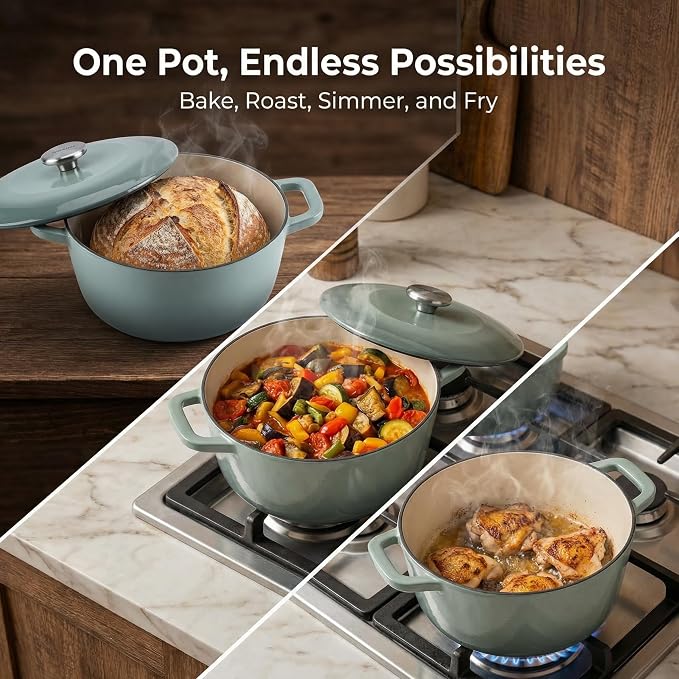 5QT Enameled Cast Iron Dutch Oven,Concave Self-Basting Lid,Green | Versatile,heavy-duty Large Dutch oven,PFAS-free,oven safe to 500°F,sourdough,braising/stews/roasting,Housewarming Gift(Jade)