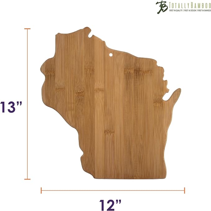 Totally Bamboo Wisconsin State Shaped Bamboo Serving and Cutting Board | State charcuterie board with natural bamboo grain. Knife-friendly surface for food prep. Hang tie for wall display.