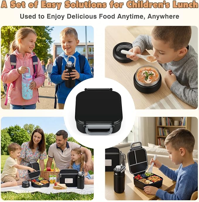 Bento Lunch Box for Kids with 7oz Soup Thermo,Insulated Stainless Steel Kids Water Bottle with Straw and Insulated Lunch Bag,Leak-Proof Lunch Food Container with Ice Pack for School(Black)
