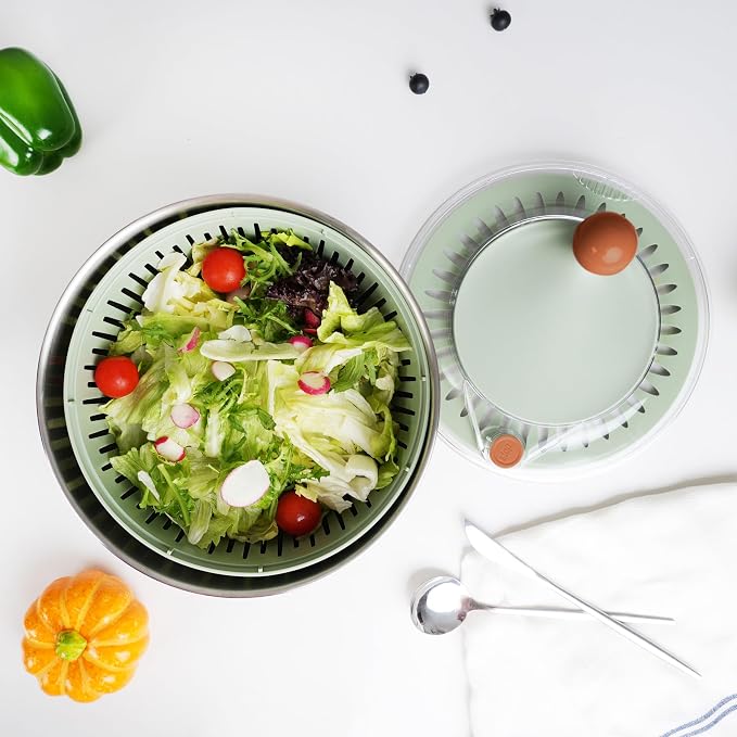 Stainless Steel Salad Spinner, 5.3 Qt Lettuce Spinner with Non-Slip Base, Drain and Stop Button, Fruit and Vegetable Washer and Dryer Spinner, Green