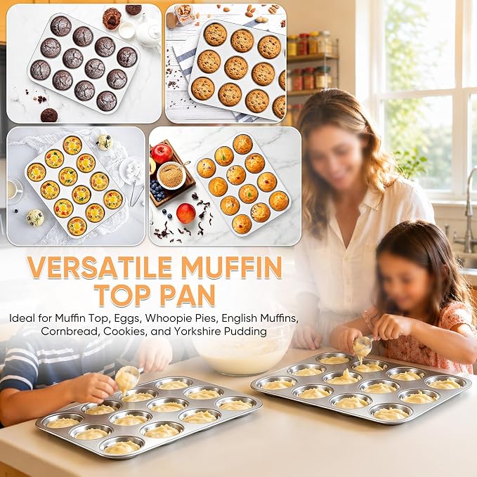 TeamFar Muffin Top Pan, 12 Cavity Stainless Steel Shallow Cupcake Pan | Muffin Tin for Baking Yorkshire Pudding, Whoopie Pie, Egg Bite, Hamburger Bun, Non Toxic & Dishwasher Safe