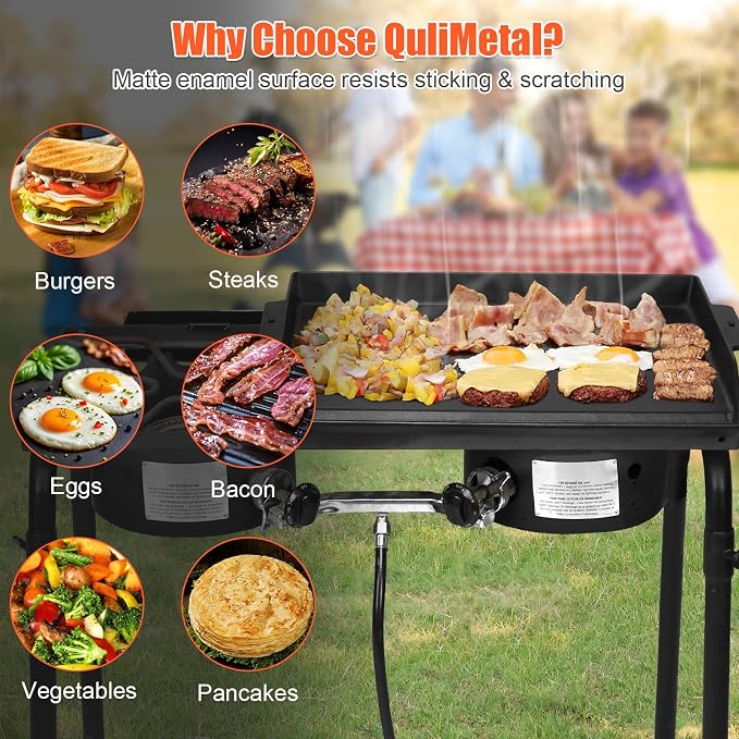 QuliMetal 23 x 16 Inch Cast Iron Griddle for Gas Grills and Stove Tops | Universal flat-top griddle with pre-seasoned coating and X-shaped reinforced base for camping, tailgating and backyard BBQs