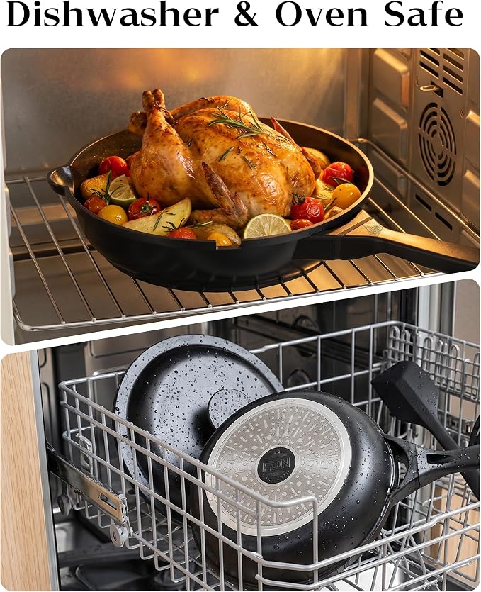 FDN 8" Ceramic Non Stick Frying Pans With Lid, Titanium Pans for Cooking, Non-Toxic PFAS-Free, Induction & Oven-Safe Cookware, Black For Daily Cooking