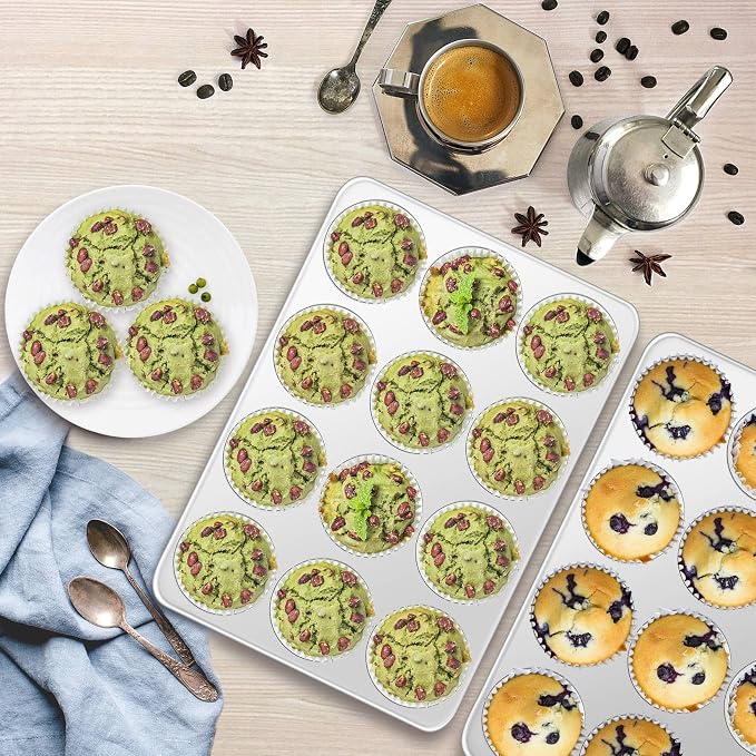 P&P CHEF 12-Cup Muffin Pan Tin, Stainless Steel Cupcake Pan, 2Pcs | Muffin Tin for Oven Baking, Dishwasher Safe, Non-Toxic, Standard Size, Ideal for Homemade Muffin Cup Cake Tart Quiche