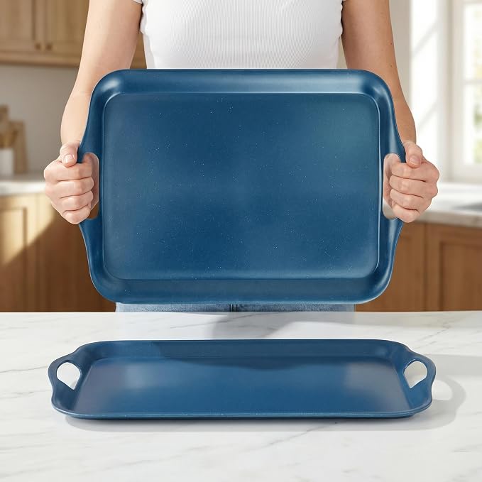 KINGEN 2-Pack Navy Blue Bamboo Fiber Serving Trays - 18×13-inch Extra Large w/Handles Tray, Platters for 4th of July, Christmas, BBQ, Picnic, Outdoor Dining - Durable, Lightweight (Classic Blue)