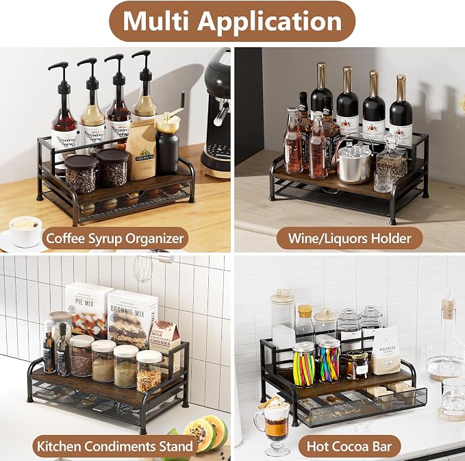 Coffee Syrup Rack Organizer, 3-Tier Pod Holder Drawer for Nespresso | Black Metal Rack for Syrup Bottles and Coffee Bar Storage, Holds 30 Big or 40 Small Capsules, Space-Saving Countertop Design