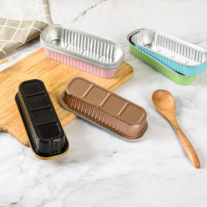 Findful Mini Loaf Baking Pans with Lids and Spoons (50 Pack, 6.8oz) Rectangle Aluminum Foil Baking Pans Tins Containers - Cupcake Containers Wrappers Cheesecake Creme Brulee Ramekins