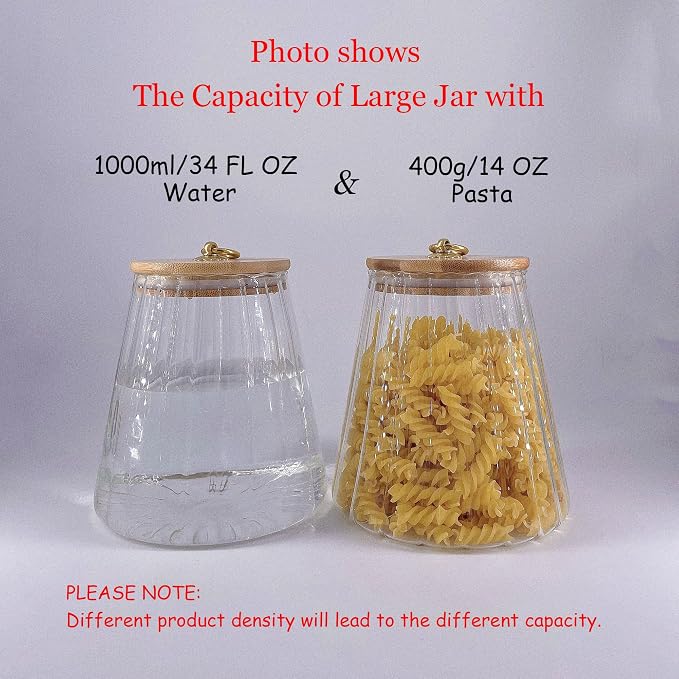 Glass Coffee Nuts Canister, Airtight Jar Bamboo Lid 54 FL OZ, Large Conical | Sealed Kitchen Storage Jar, 700ml Petal Ribs Design Decorative Candy Coffee Container, Gold Metal Handle, Easy to Grasp