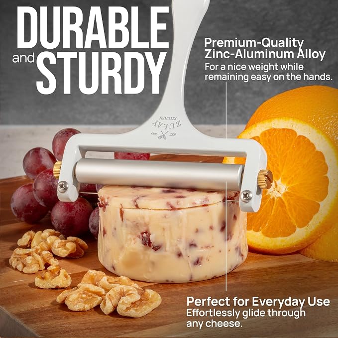 Zulay Kitchen Stainless Steel Wire Cheese Slicer - Adjustable Hand Held Cheese Cutter with 2 Extra Wires - Premium Cheese Shaver For Mozzarella, Cheddar, Gruyere - Cheese Cutter with Wire (White)