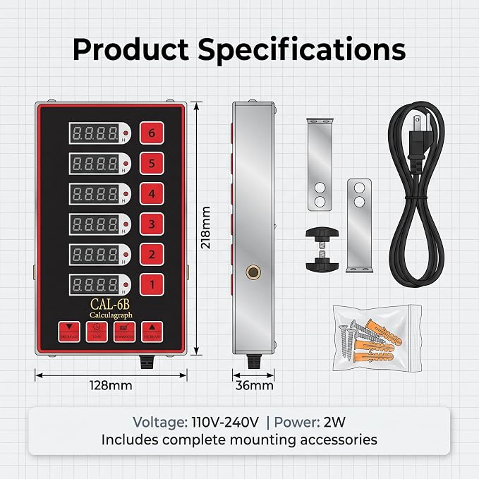 6 Channel Precision Kitchen Timers for Cooking, Commercial Kitchen Timer Restaurant Kitchen Supplies, Stainless Steel Digital LED Chef Cooking Timer, Reminder Function, Drillable wall mounting, Red