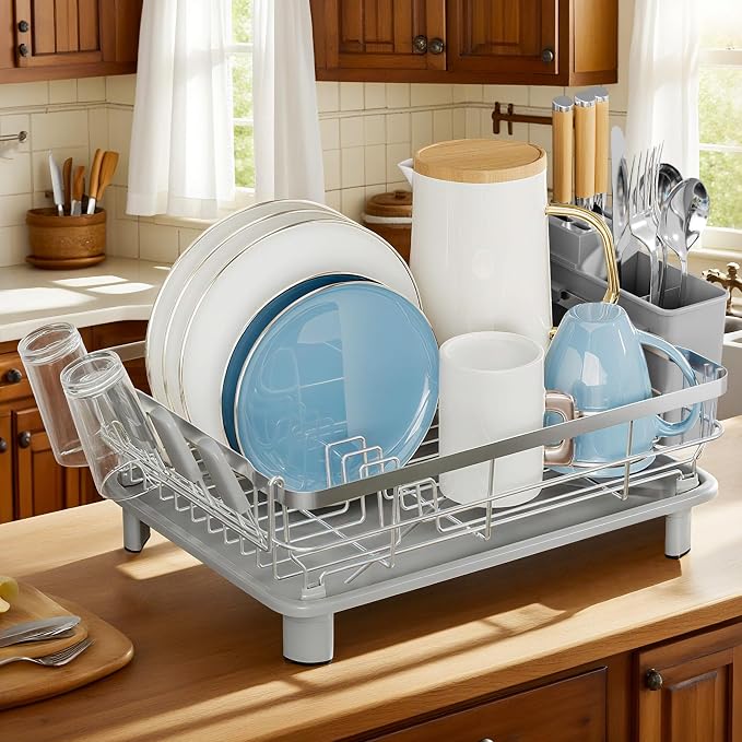 MOUKABAL Stainless Steel Dish Drying Rack for Kitchen Counter, Grey Silver | 13Ć17 Large Capacity/Drainboard with Rotating Spout/Removable Cup & Utensil Holders/Fast Drainage/Countertop Dish Drainer