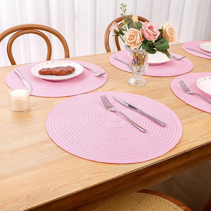 SHACOS Round Braided Placemats Set of 6 Round Table Mats for Dining Tables 15 inch Washable Non Slip Placemats (Pink, 6)