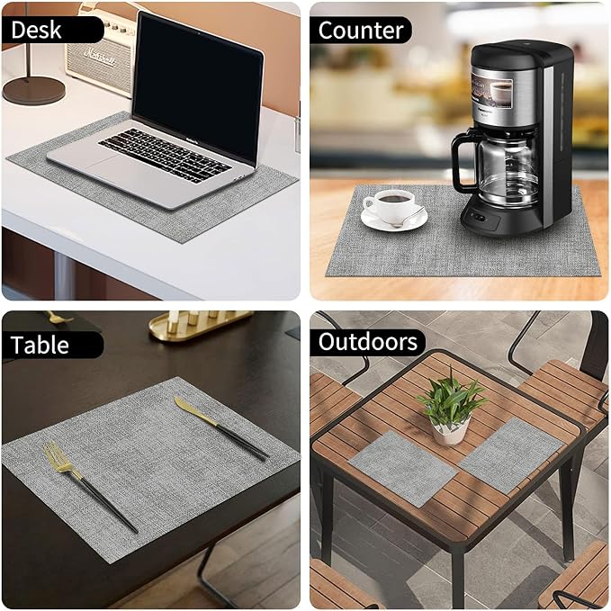 Faux Leather Heat Resistant Placemats 4 Packs, Waterproof Wipeable Dining PU Place Mats for Indoor & Outdoor, Easy to Clean, Light Grey
